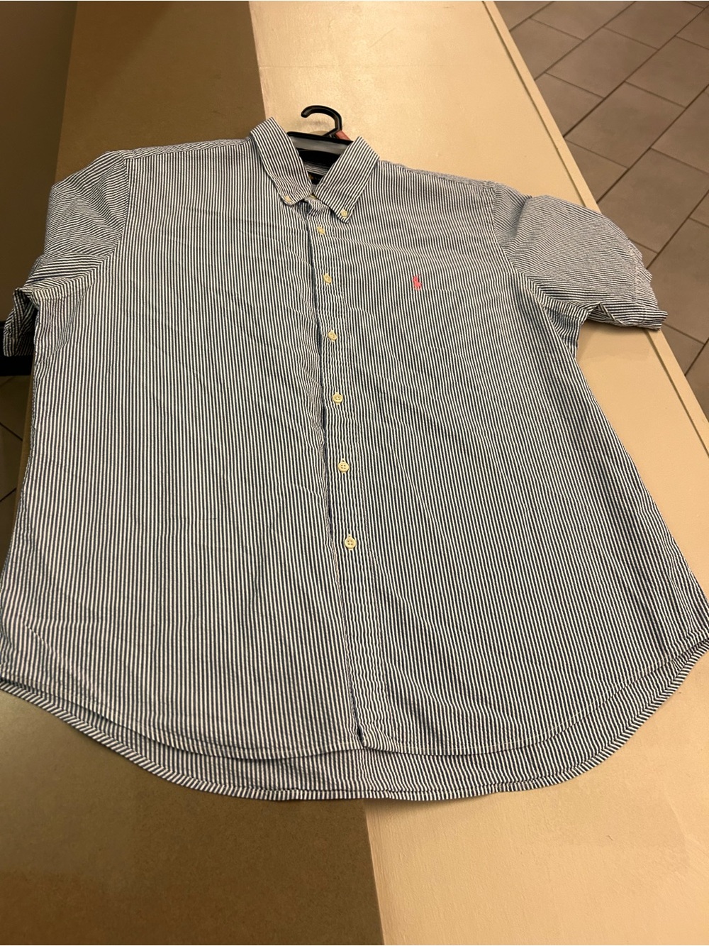 Ralph Lauren Men's Blue and White Pinstripe Short-Sleeve Button-Down Shirt XL